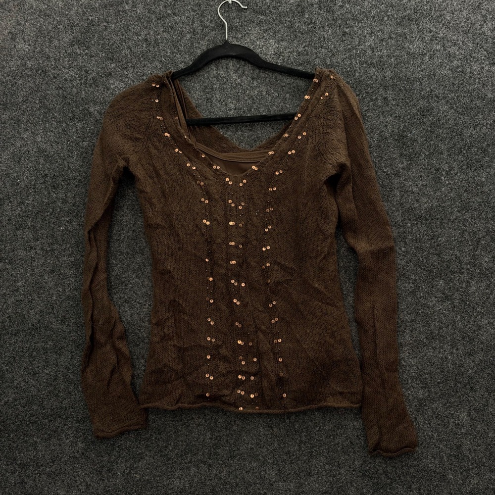 Vintage Brown Mohair Wool Blend Sequin Knit Top with Built-in Tank Small